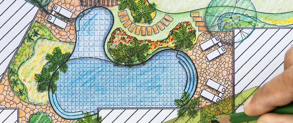 A 2D design rendering of an outdoor space in Waukee, IA, with pools and plantings.