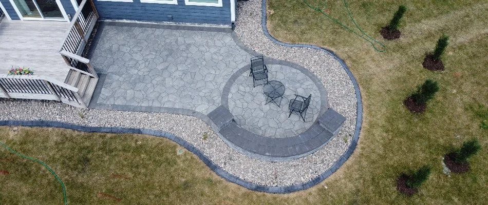 Aerial view of newly-installed hardscape in Waukee, IA.