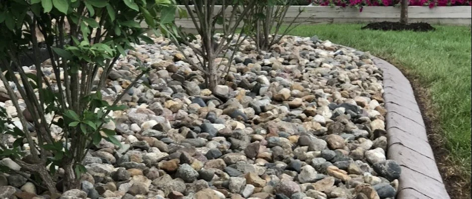 Landscape bed in Waukee, IA, with river rock ground cover and plants.