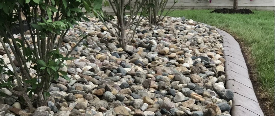 Rocks as a ground cover for landscape bed in Waukee, IA.