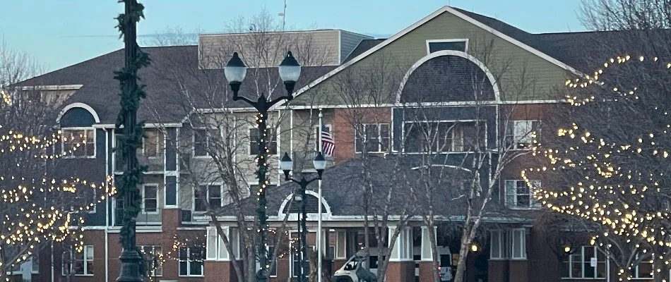 Commercial property in Booneville, IA, with holiday lighting.