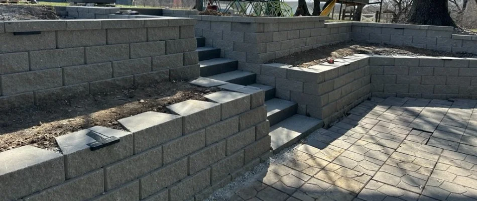 Commercial retaining wall and steps in Waukee, IA.