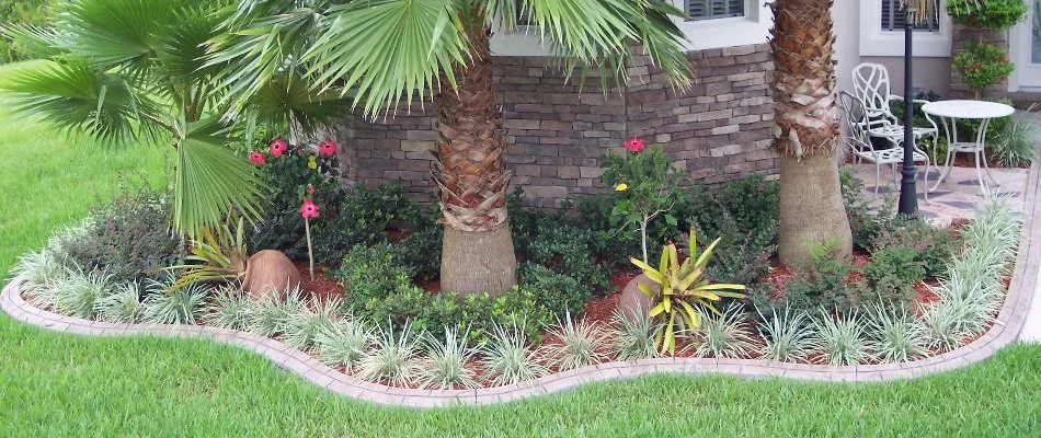 Landscape bed in Van Meter, IA, with mulch, shrubs, and flowers.