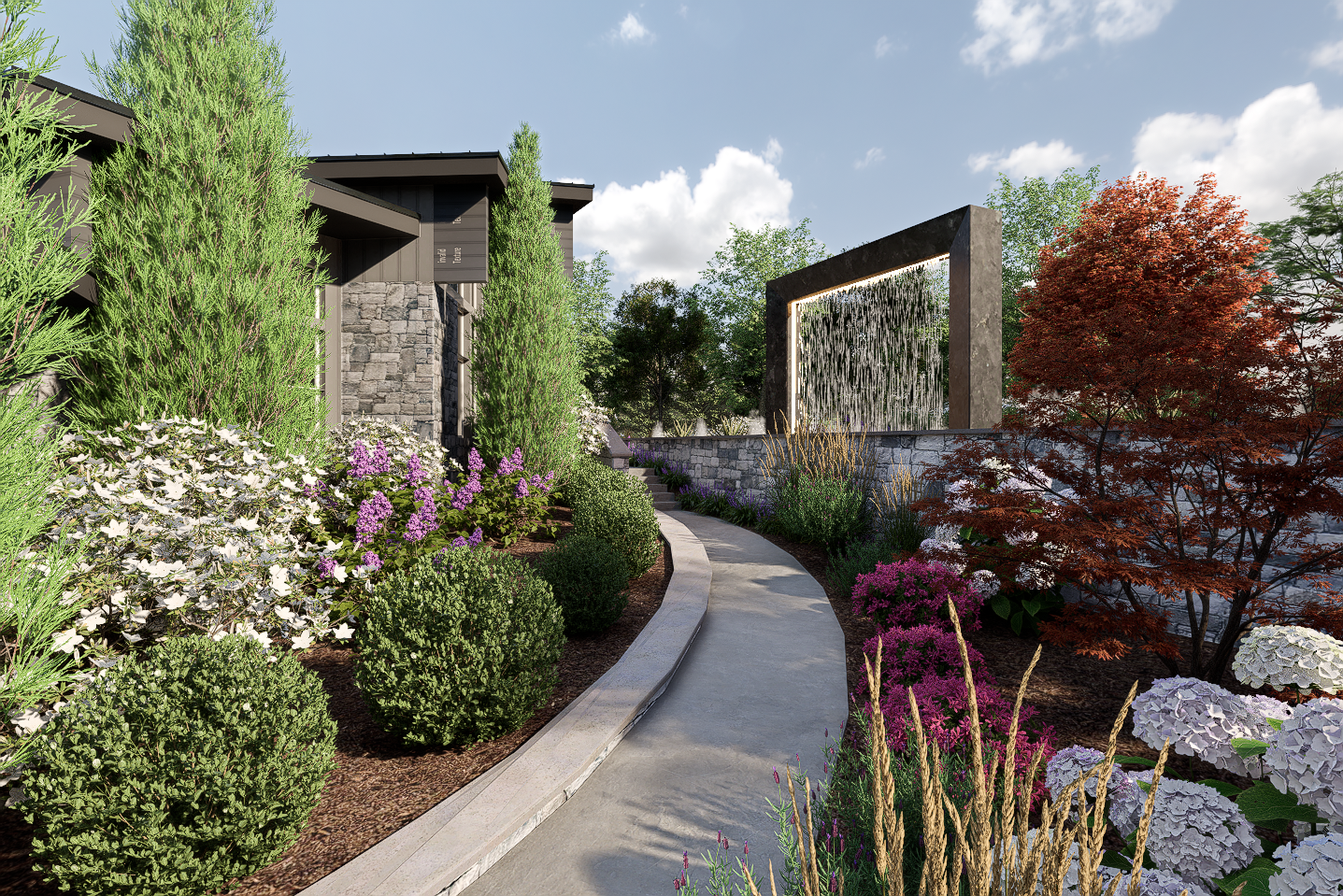 3D rendering of modern landscape featuring pathway, landscape beds and decorative rocks.