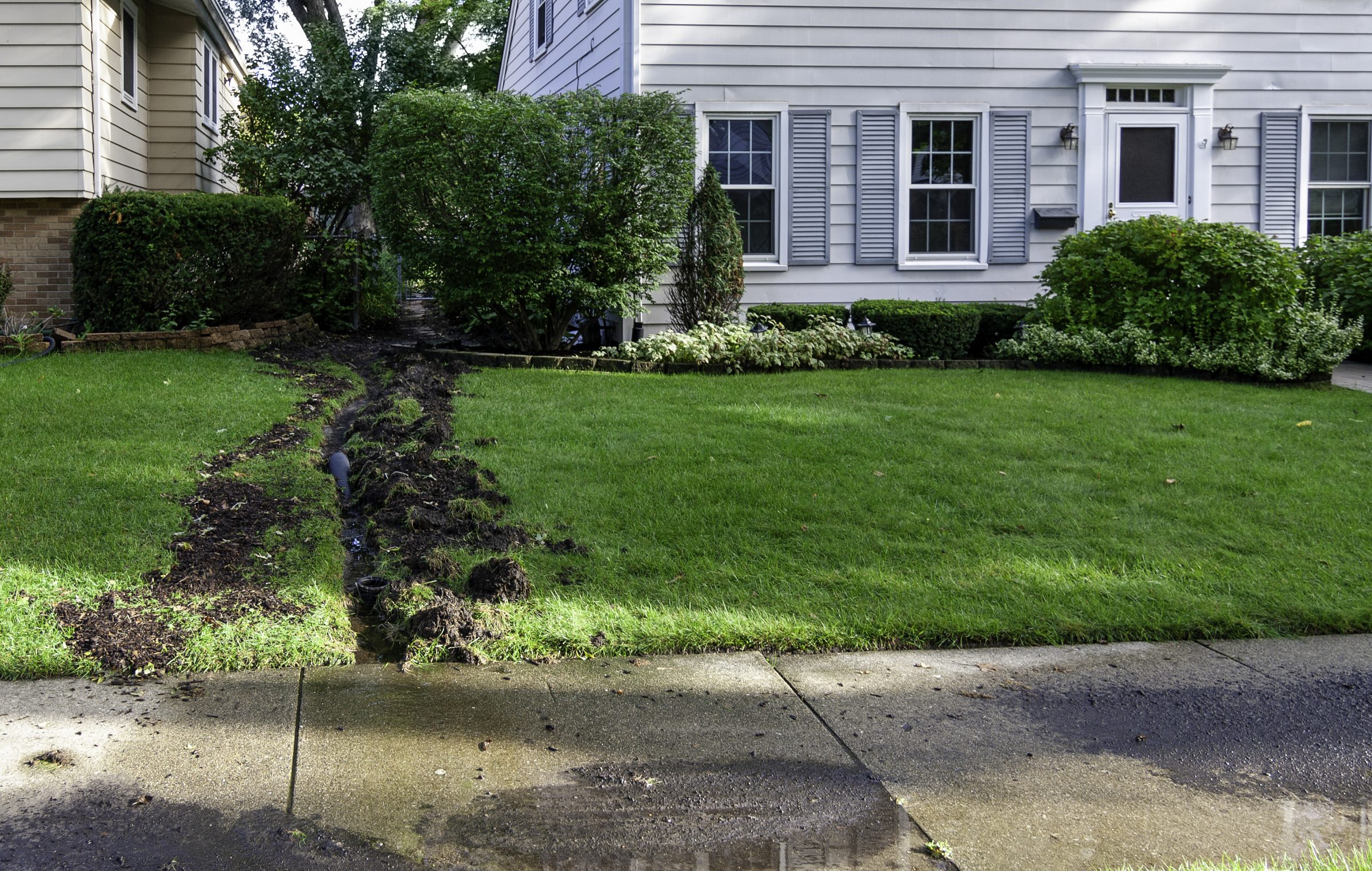 French Drain removing water from flooded backyard